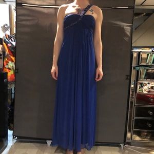 Xscape Petite Blue Beaded Cross Strap Gown